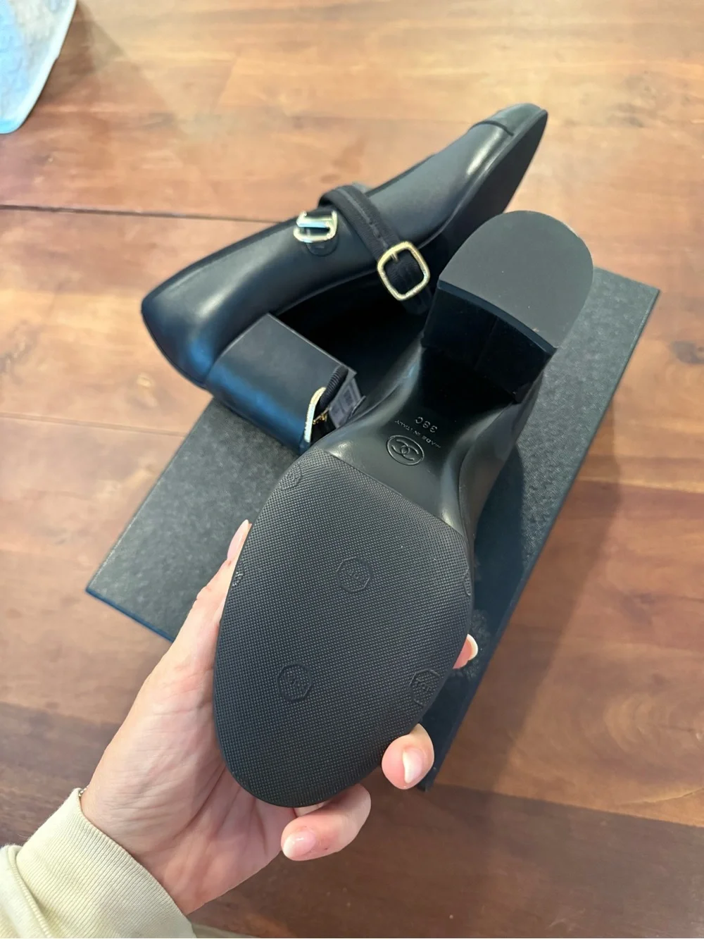 NWT CHANEL Black Leather Mary Jane Block Heels with Gold Buckle